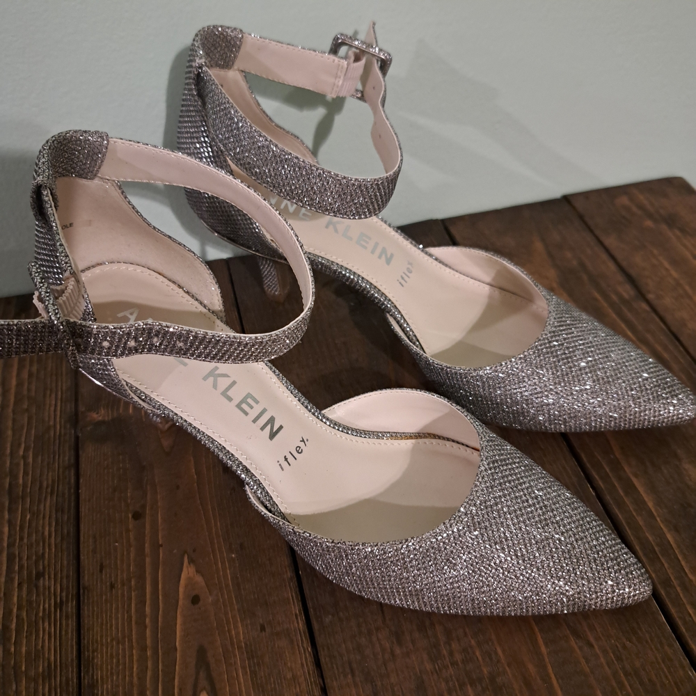 Anne Klein Silver Sparkle Pointed Ankle-Strap Heels